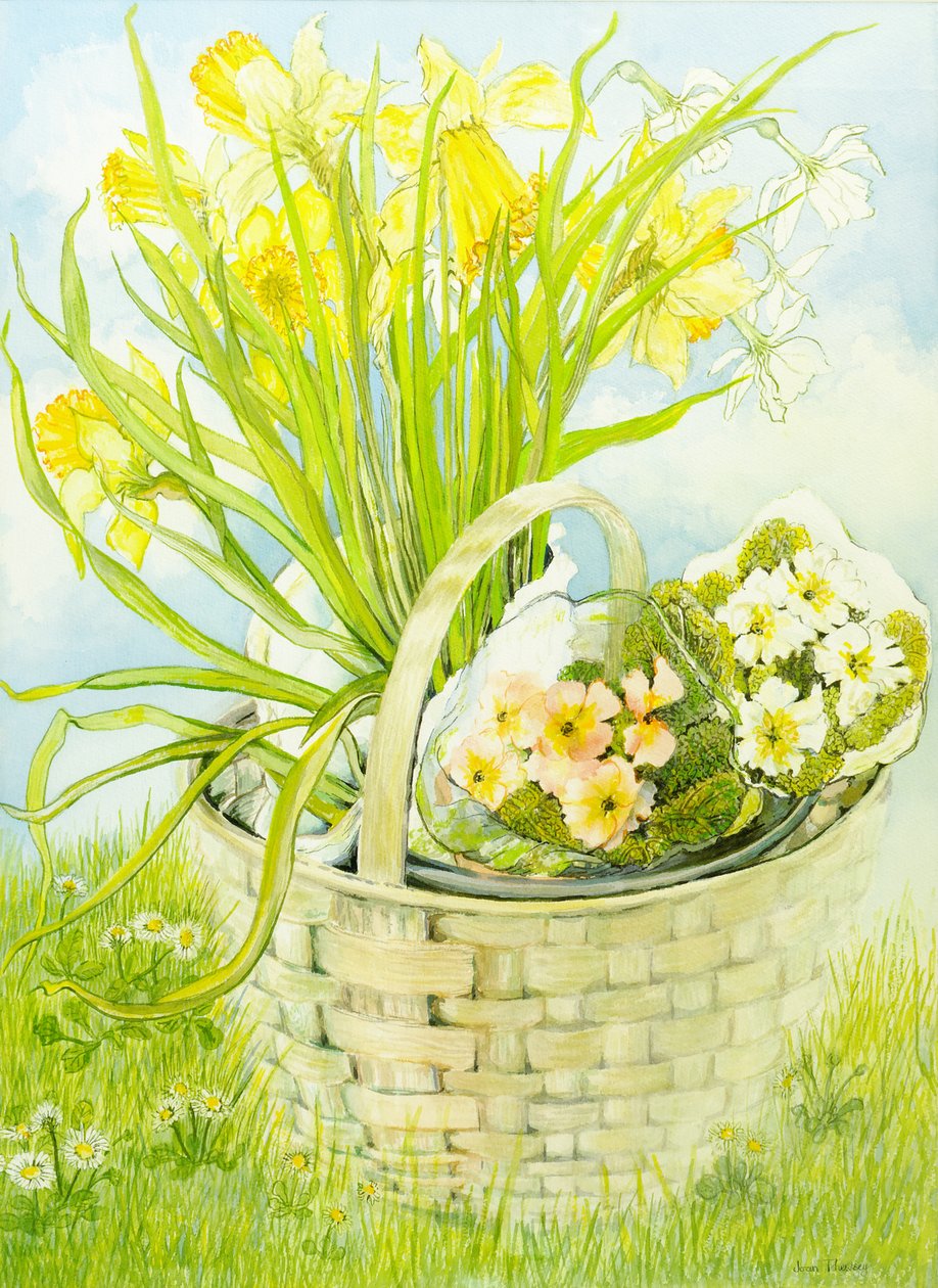 Påskeliljer og primula i en kurv (wc på håndlavet papir) af Joan Thewsey