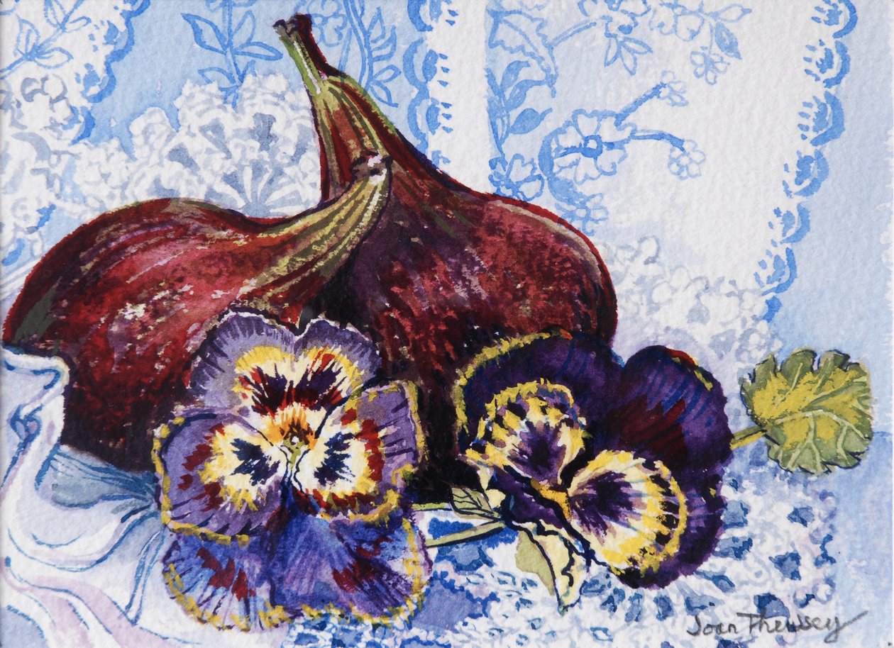 To figner med stedmoderblomster, 2002,(wc på håndlavet papir) af Joan Thewsey