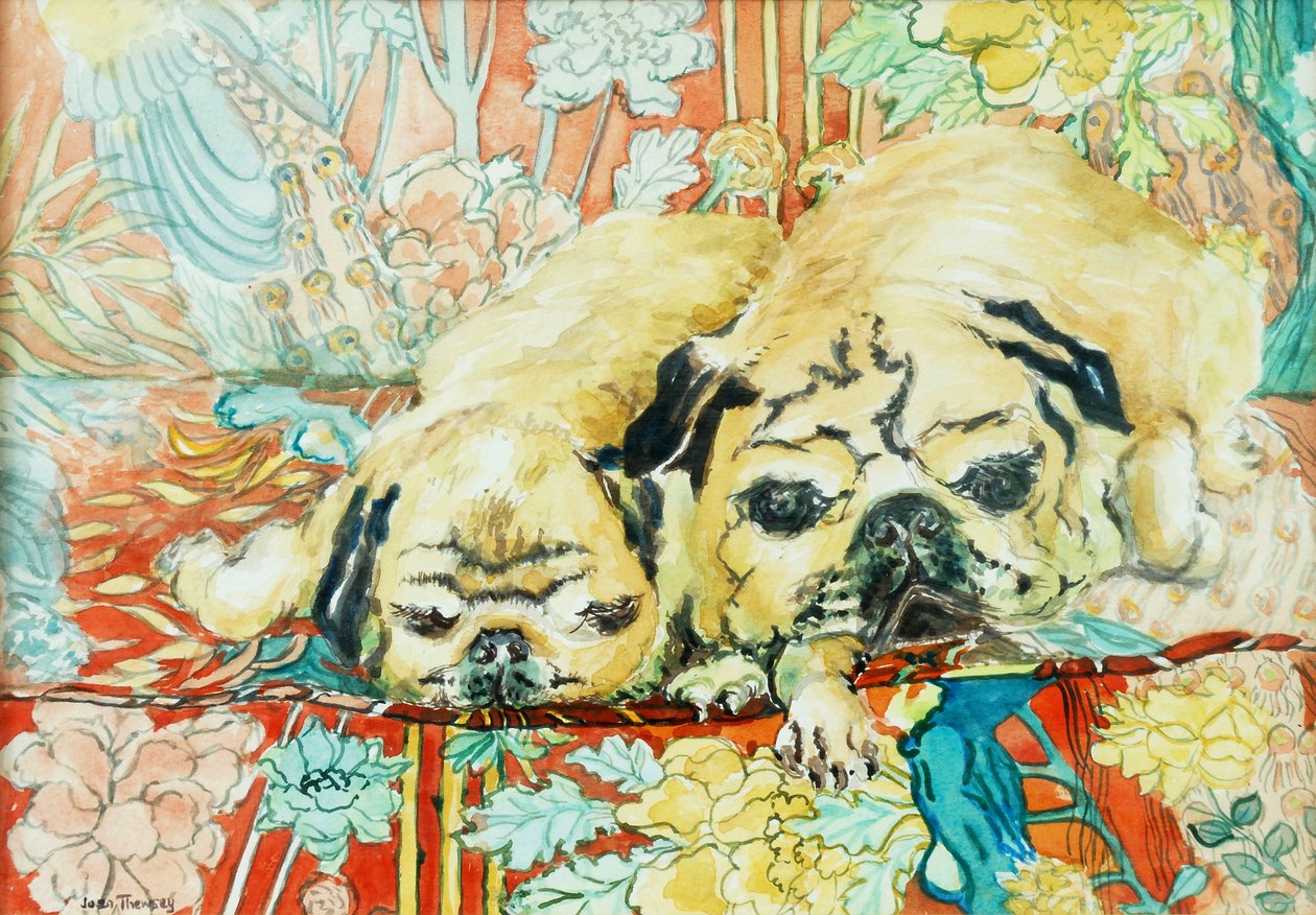 Mops på en kinesisk printsofa, 2000, af Joan Thewsey