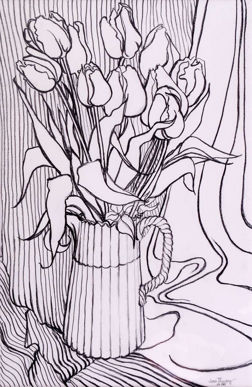 Tulipaner mod et stribet klæde,2000,grafit af Joan Thewsey
