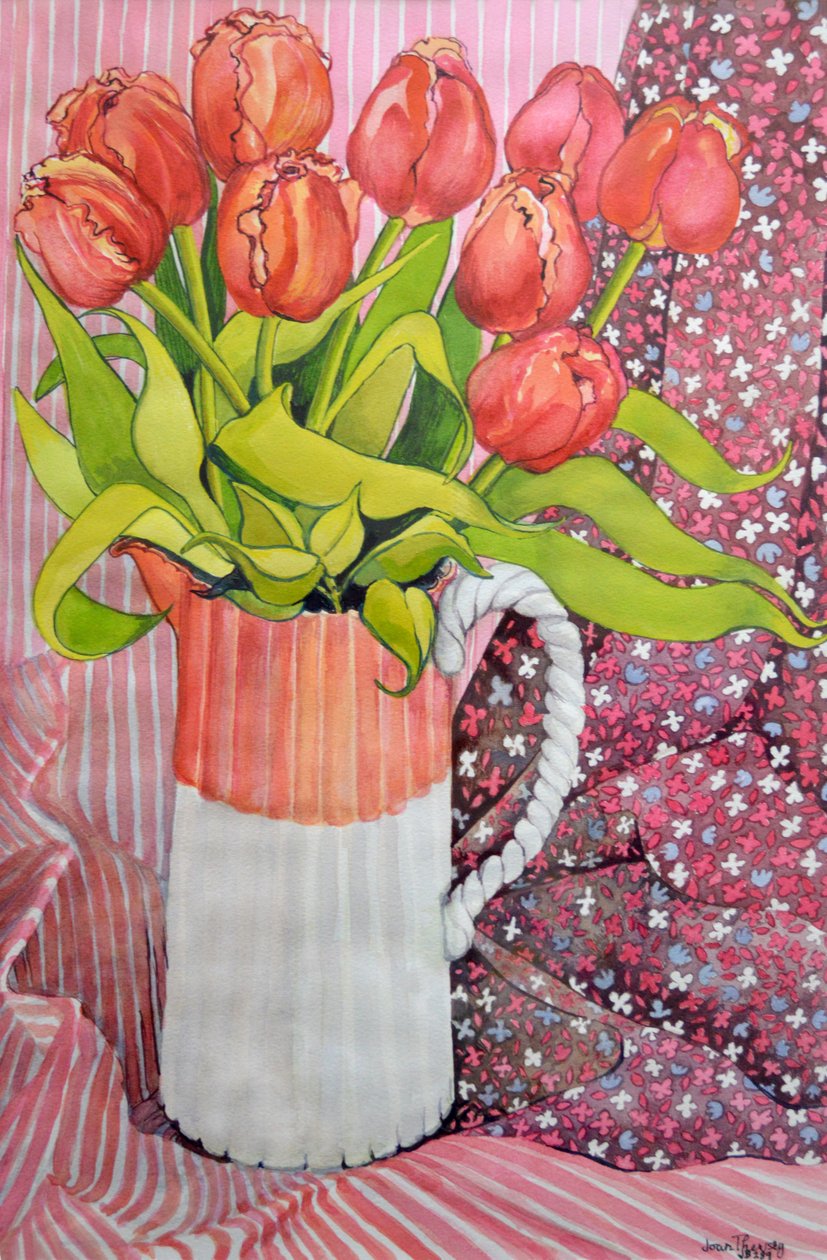 Tulipaner i en lyserød og hvid kande, 2005 af Joan Thewsey