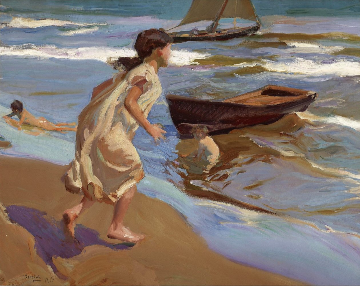 Lille pige kommer ind på badeværelset af Joaquín Sorolla