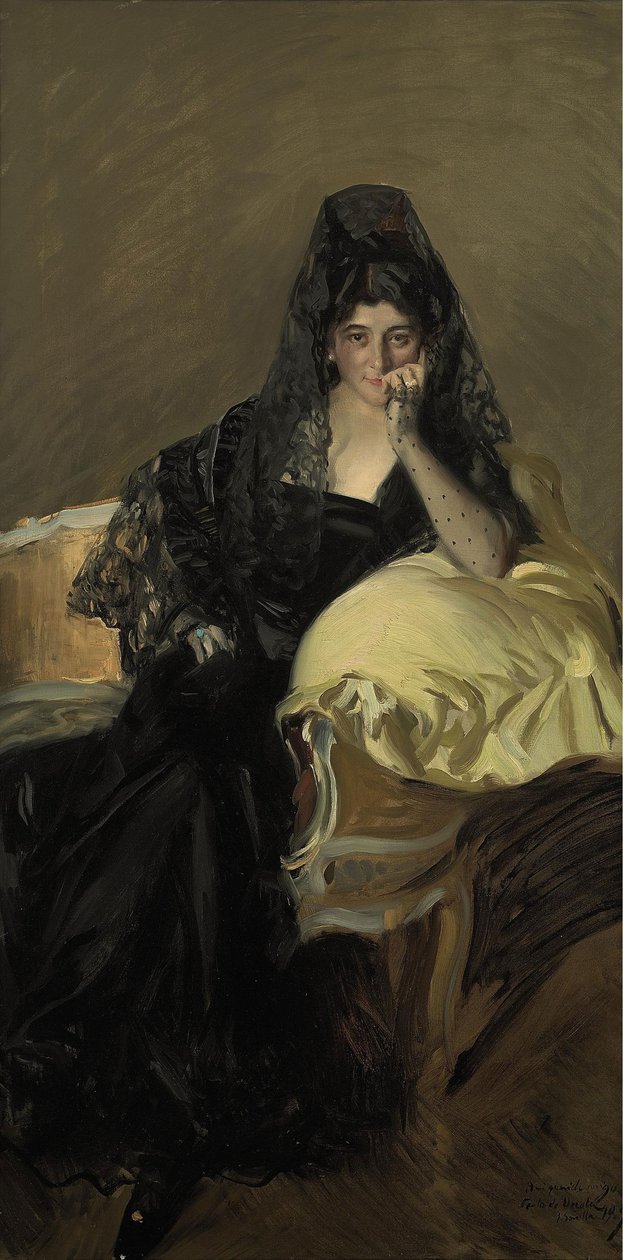 Portræt af Lady of Urcola iført en sort mantilla af Joaquín Sorolla