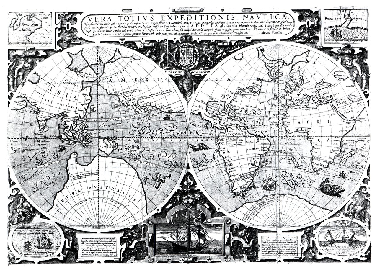 Verdenskort; Vera Totius Expeditionis Nauticae, der kortlægger jordomsejlingen af (venstre) Sir Francis Drake (1540-96) og (højre) Thomas Cavendish (1560-92) ca. 1595 af Jodocus Hondius