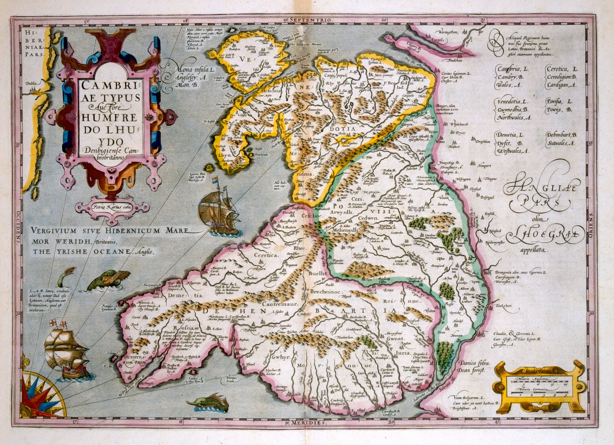 Kort over Wales, udgivet ca. 1630 (håndkoloreret gravering) af Jodocus Hondius