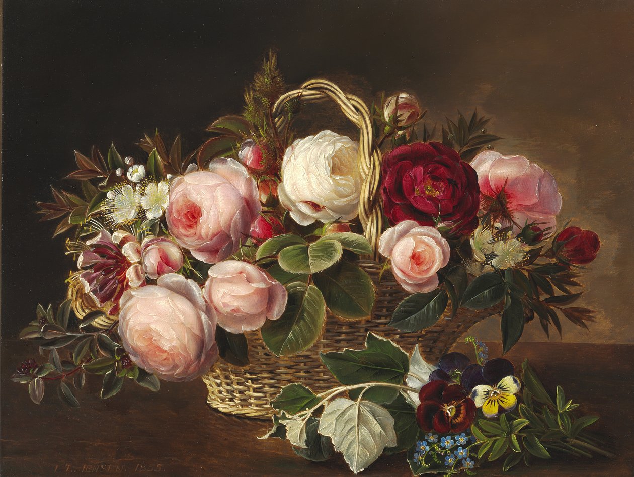 Roser og sommerblomster i kurv på en karm af Johan Laurentz Jensen