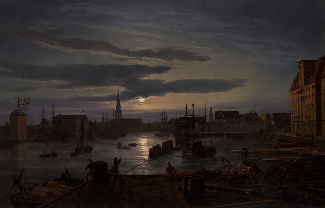 Københavns Havn ved måneskin, 1846. af Johan Christian Dahl