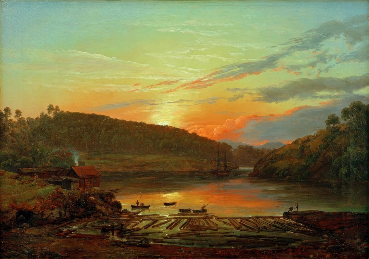 Landskab ved Skien i solnedgangen af Johan Christian Dahl