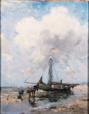 En strandet fiskebåd (bord) af Johan Scherrewitz