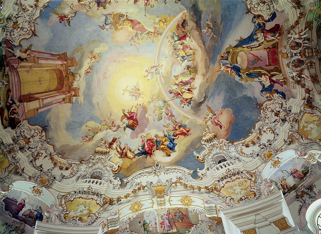 Den sidste dom, loftmaleri fra kirkens flade kuppel (stuk) af Johann Baptist Zimmermann