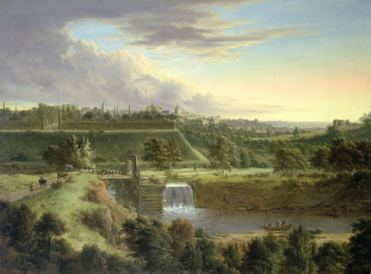 Flodlandskab ved en muret by, sandsynligvis Sahausen af Johann Christian Vollerdt or Vollaert
