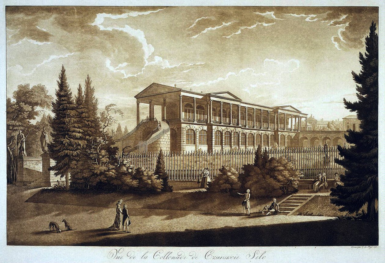 Udsigt over Cameron Gallery i Tsarskoe Selo, 1793 (akvatint) af Johann Christoph Mayr