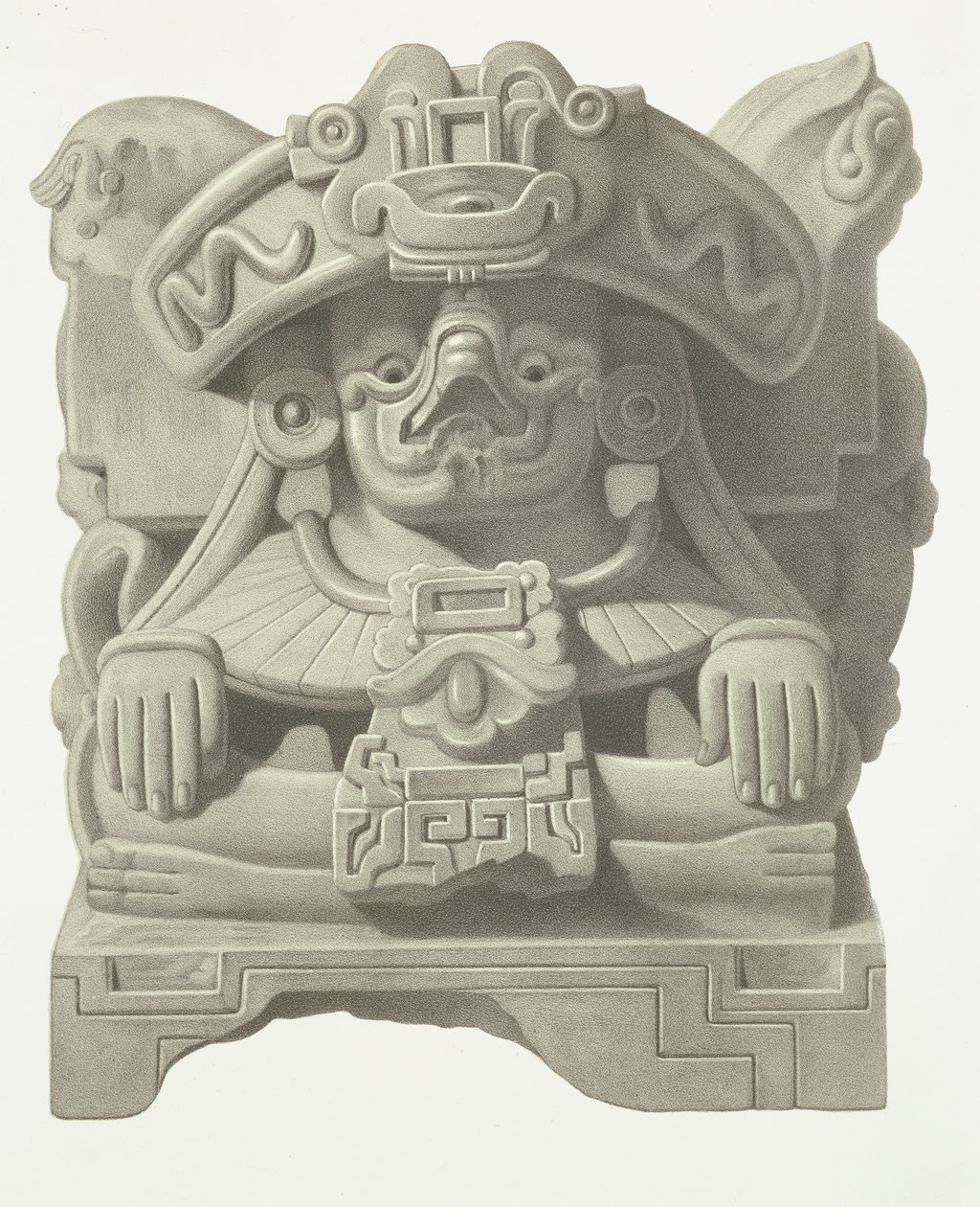 Stenidol af regnguden Cocijo, plade fra "Ancient Monuments of Mexico", 1866 af Johann Friedrich Maximilian von Waldeck