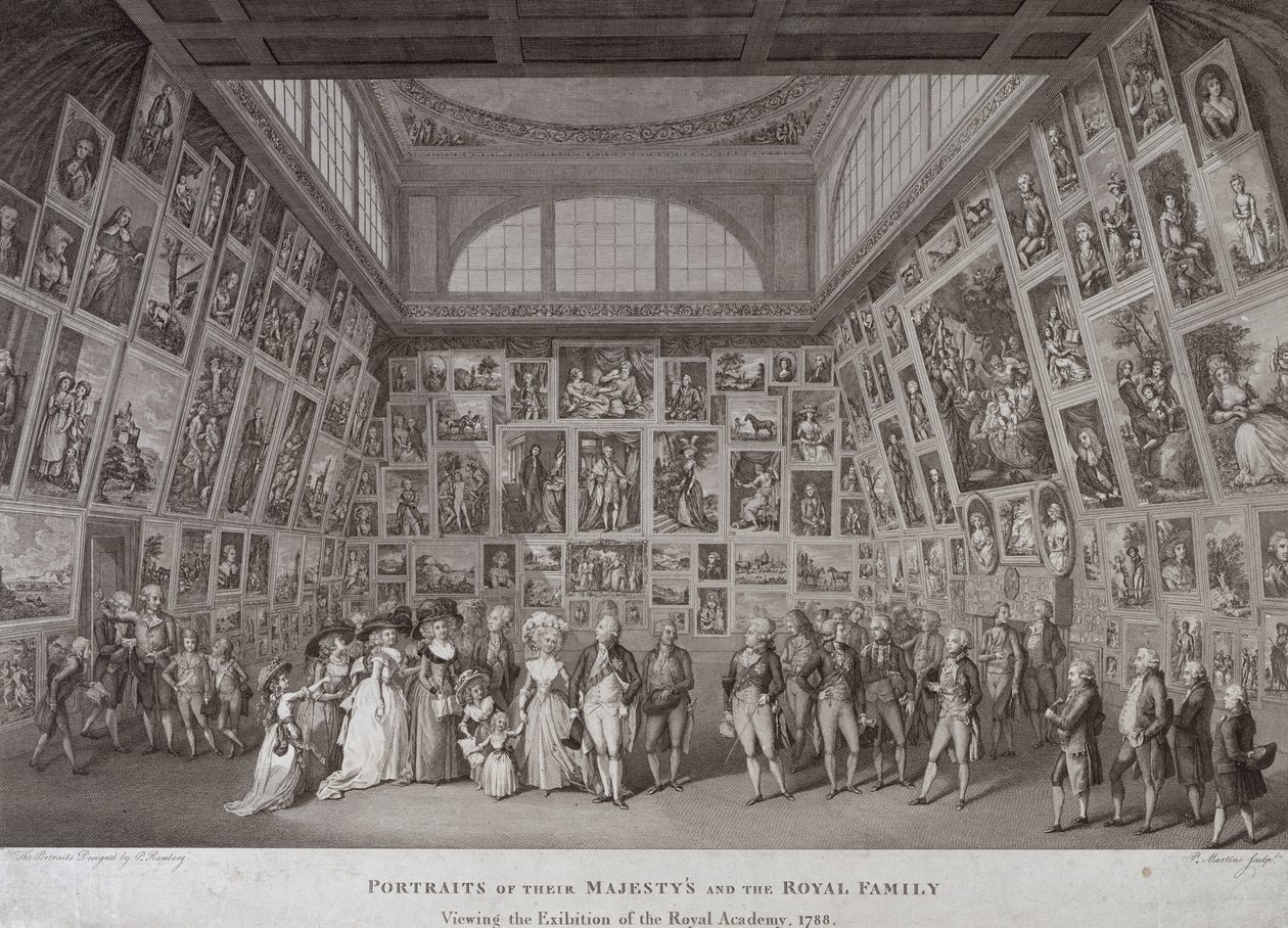 Indvendigt billede af Somerset House, der viser kong George III (1738-1820), dronning Charlotte (1744-1818) og den kongelige familie, der ser en udstilling fra Royal Academy of Arts i 1788, 1788 af Johann Heinrich Ramberg
