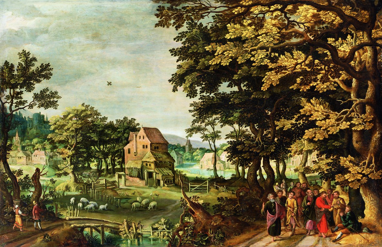 Landskab med Kristus, der helbreder den blinde mand (panel) af Johann Jacob Besserer