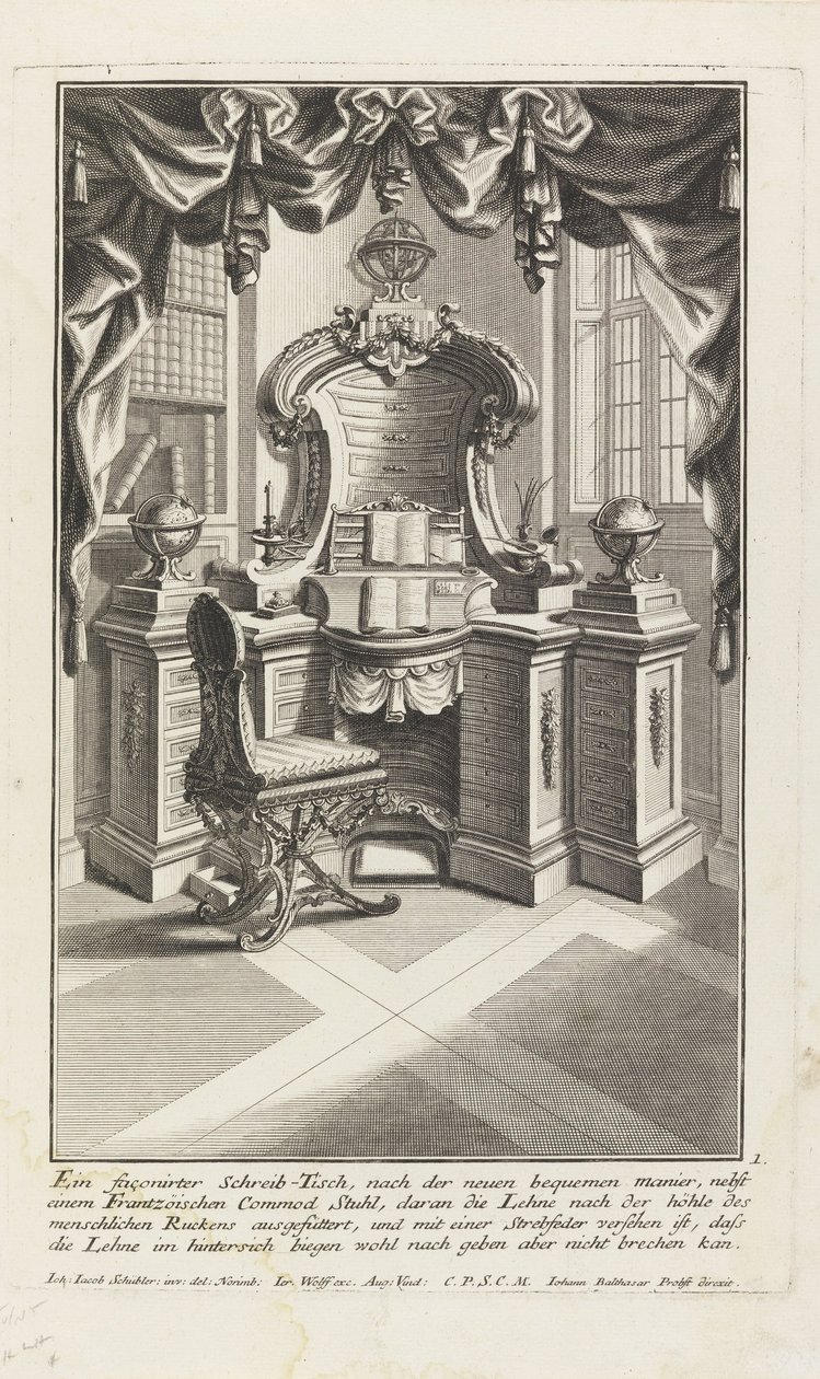 Et formet skrivebord, ... (skrivebord og stol) af Johann Jacob Schubler
