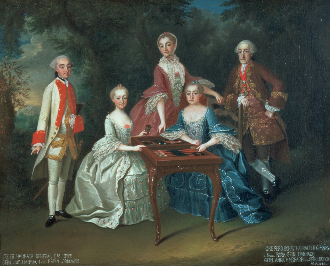 Gruppeportræt af familien Harrach, der spiller backgammon, inklusive general grev Ferdinand Harrach, grev Ferdinand Bonaventura Harrach med Rosa, Anna og Josephine af Johann Wilhelm Hoffnas or Hofnaas
