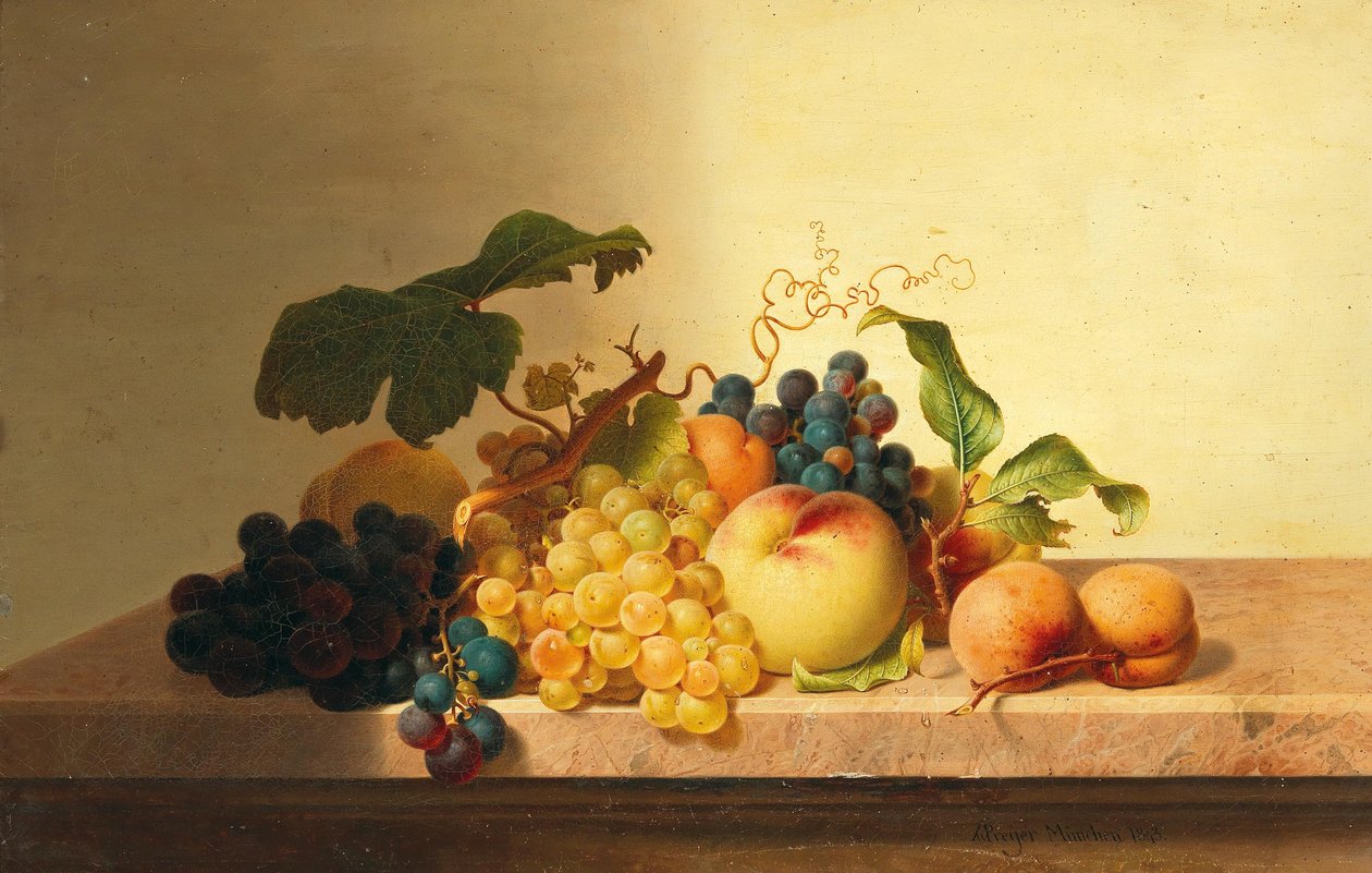 Stilleben med druer, ferskner og abrikoser af Johann Wilhelm Preyer