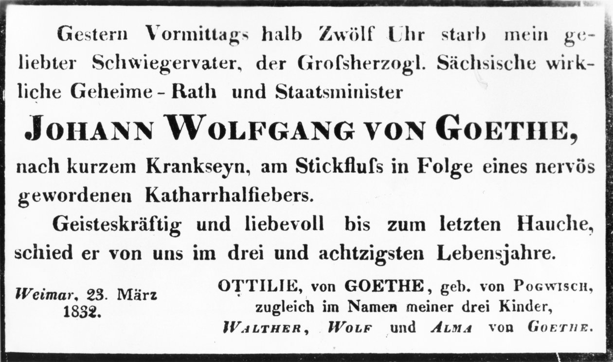 Johann Wolfgang von Goethes dødsmeddelelse, 1832 (tryk) af Johann Wolfgang von Goethe