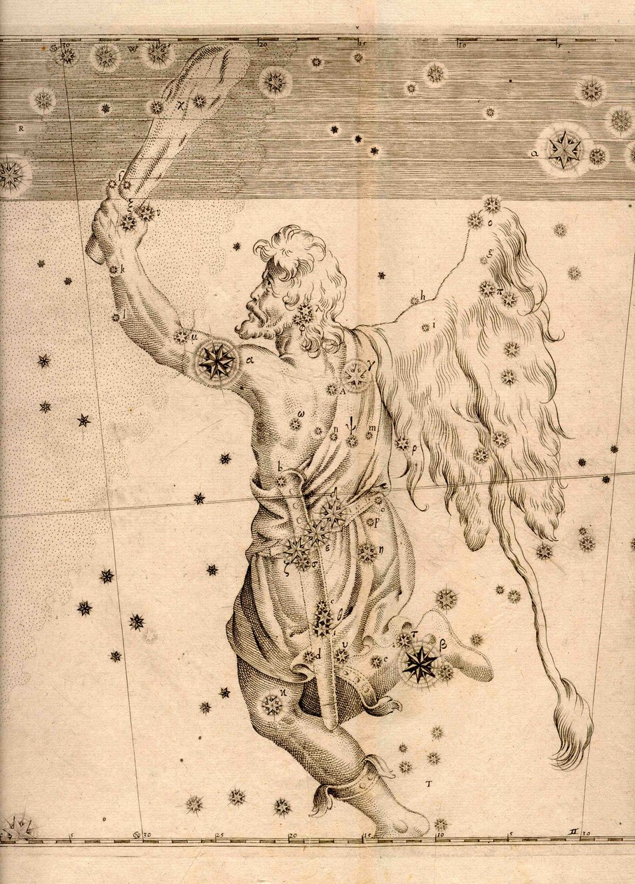 Uranometria (1661) viser stjernebilledet Orion af Johann Bayer