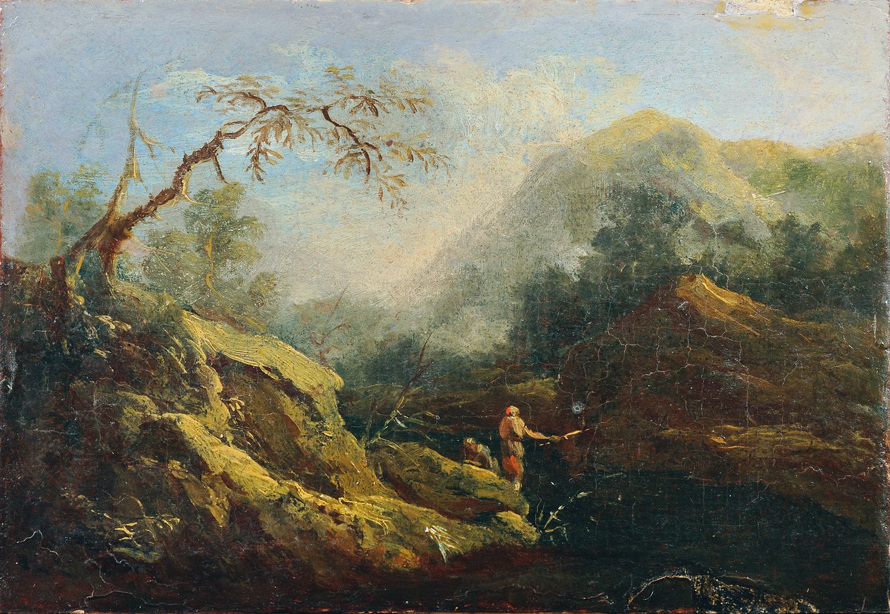 Bjerglandskab med lystfiskere af Johann Christian Brand