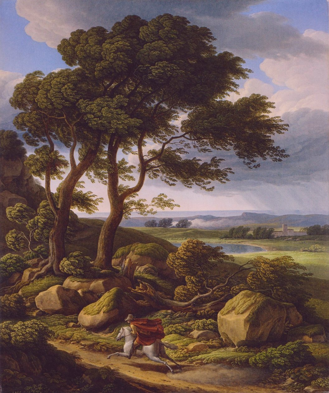 Tysk: Stormfuldt landskab med rytter. af Johann Christian Reinhart
