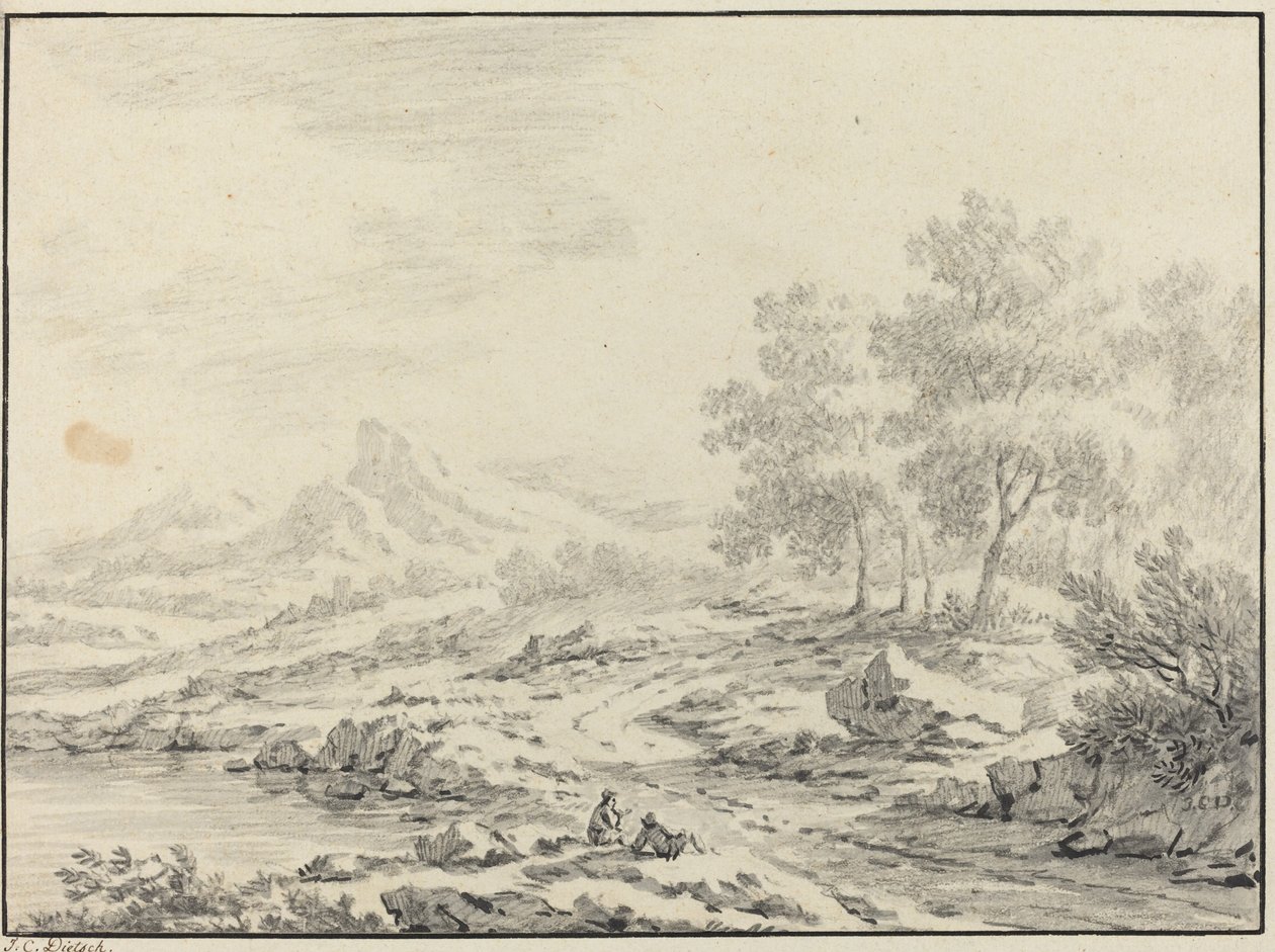 To mænd hviler i nærheden af en sø. af Johann Christoph Dietzsch