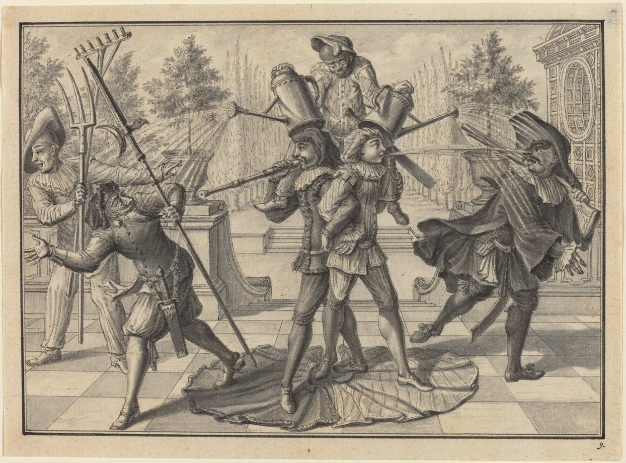 Harlekin og Scaramouche skaber et "fontæne" af Johann Jacob Schubler
