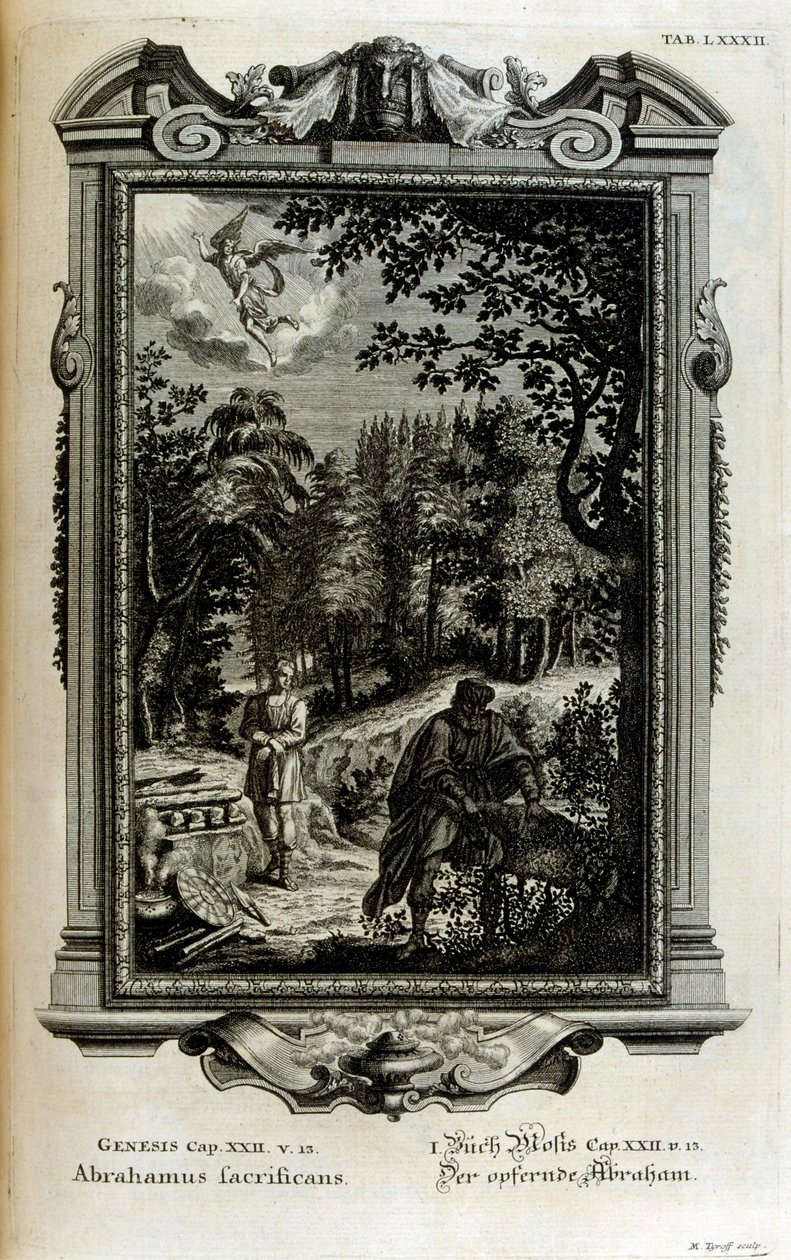 Abraham forbereder sig på at ofre Isak af Johann Jakob Scheuchzer