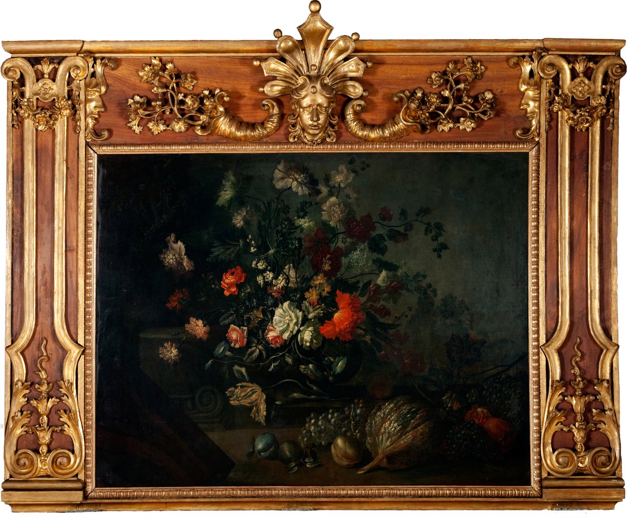 Stilleben af ​​blomster med druer, græskar og granatæbler af Johann Kunstner