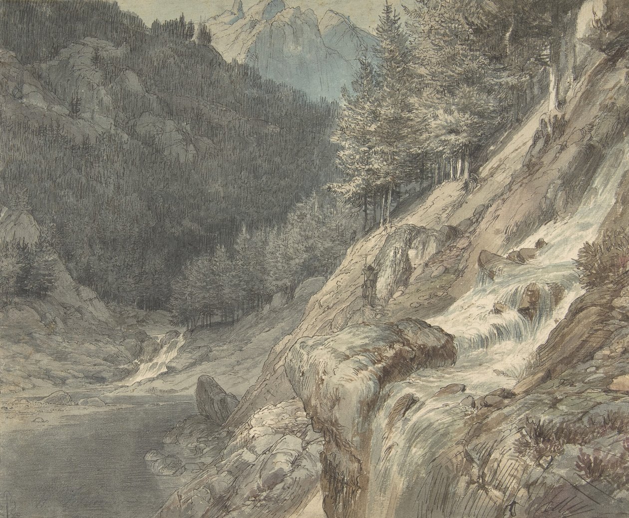 Bjerglandskab med flod, 1807-63. af Johann Wilhelm Schirmer