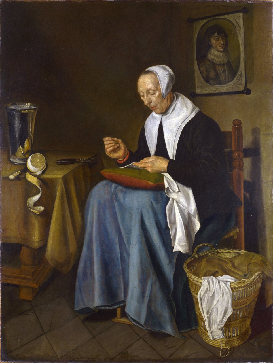 En gammel kvinde sad og syede af Johannes van der Aeck