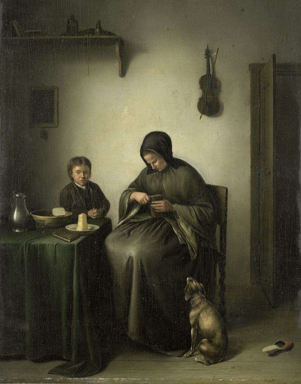 En kvinde skærer brød af Johannes Christiaan Janson