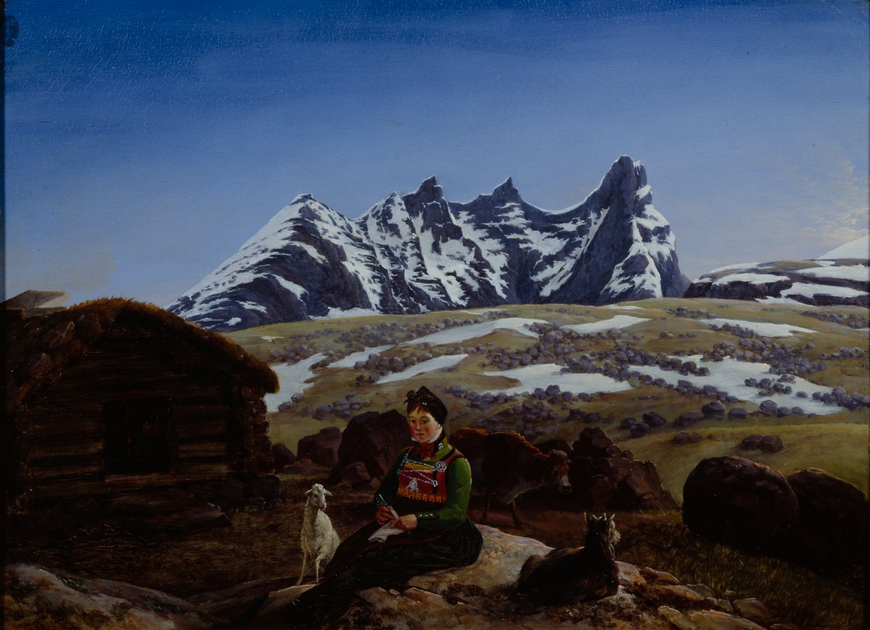 Store Skagastølstind (oil on board) af Johannes Flintoe