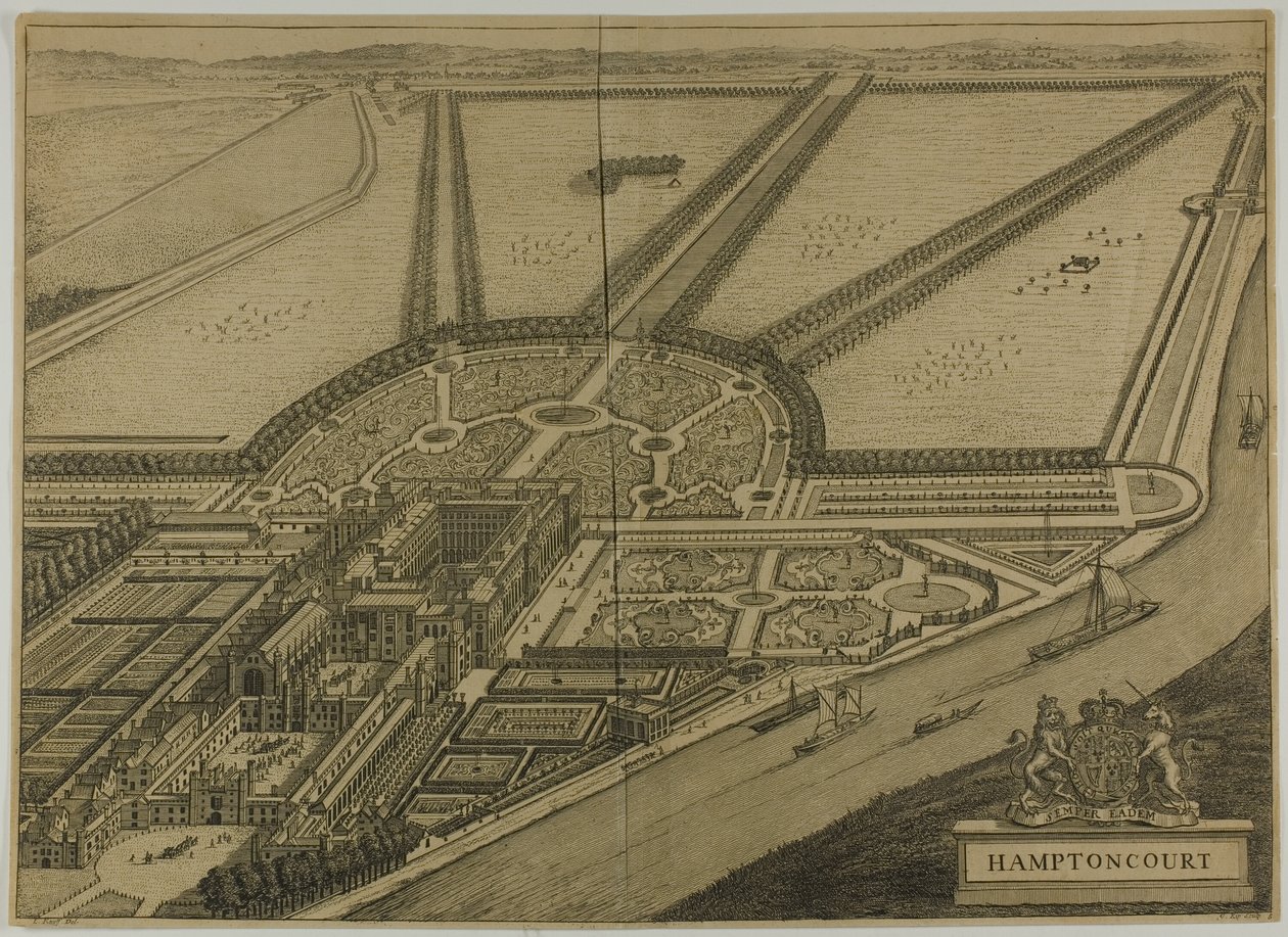 Hampton Court, plade seks fra Britannia Illustrata af Johannes Kip