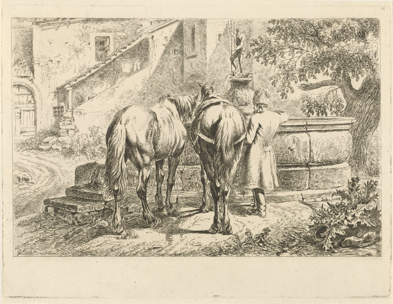 Drikkeheste ved et springvand af Johannes Mock
