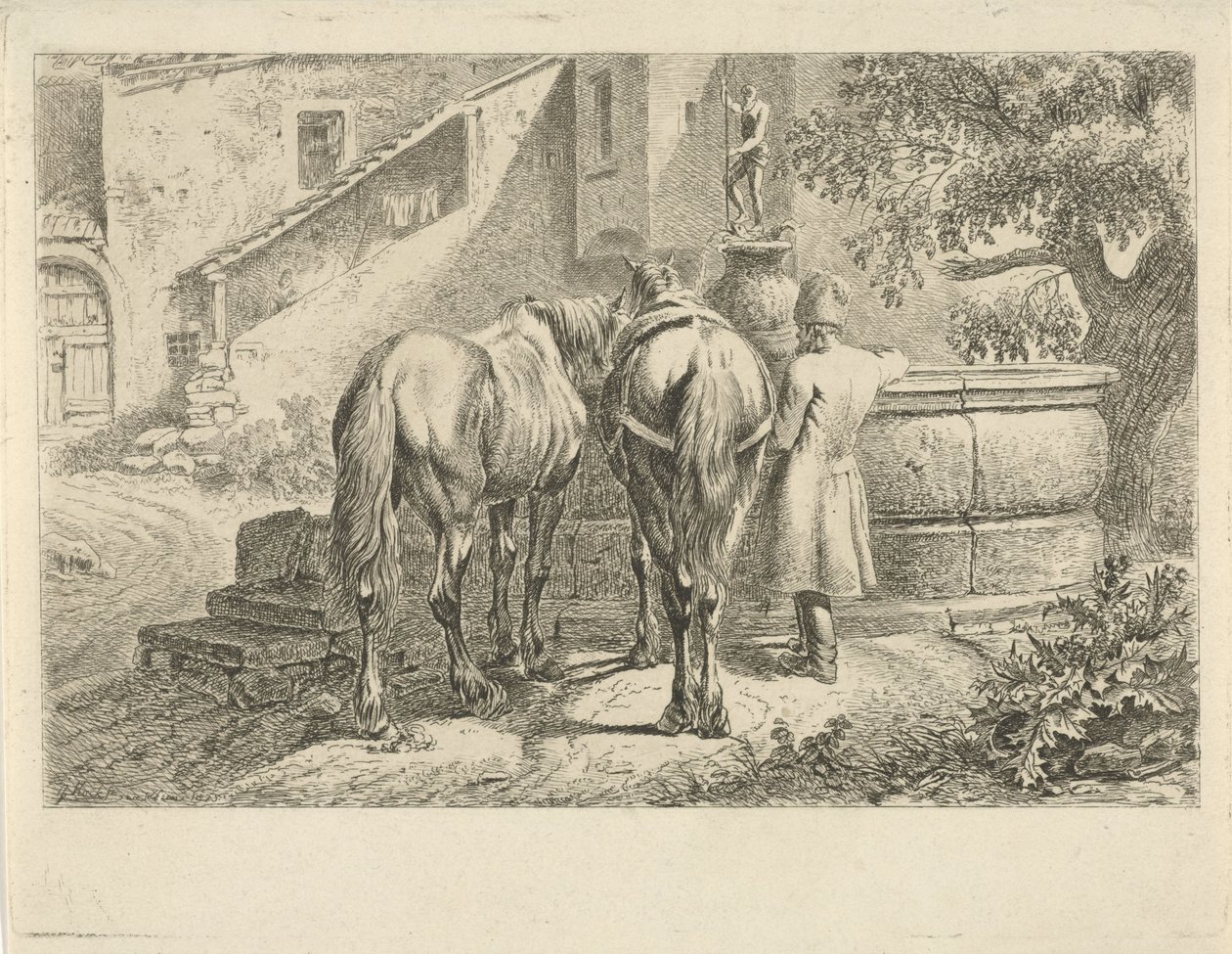 Drikkeheste ved et springvand af Johannes Mock