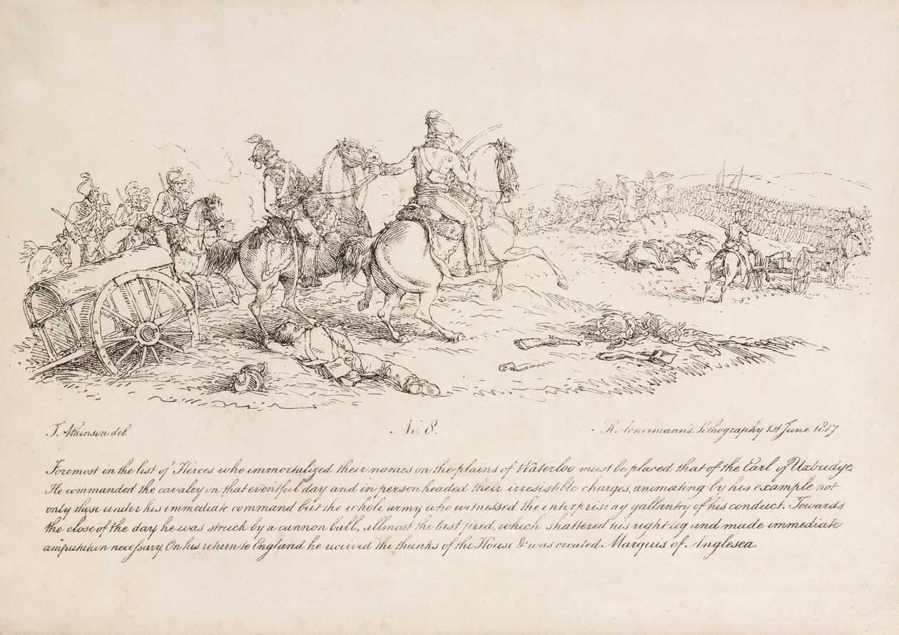 Jarlen af Uxbridge, der leder et angreb på kavaleri i slaget ved Waterloo, hans højre ben er netop blevet ramt af en kanonkugle, litografi af R. Ackermann, 1815 af John Augustus Atkinson