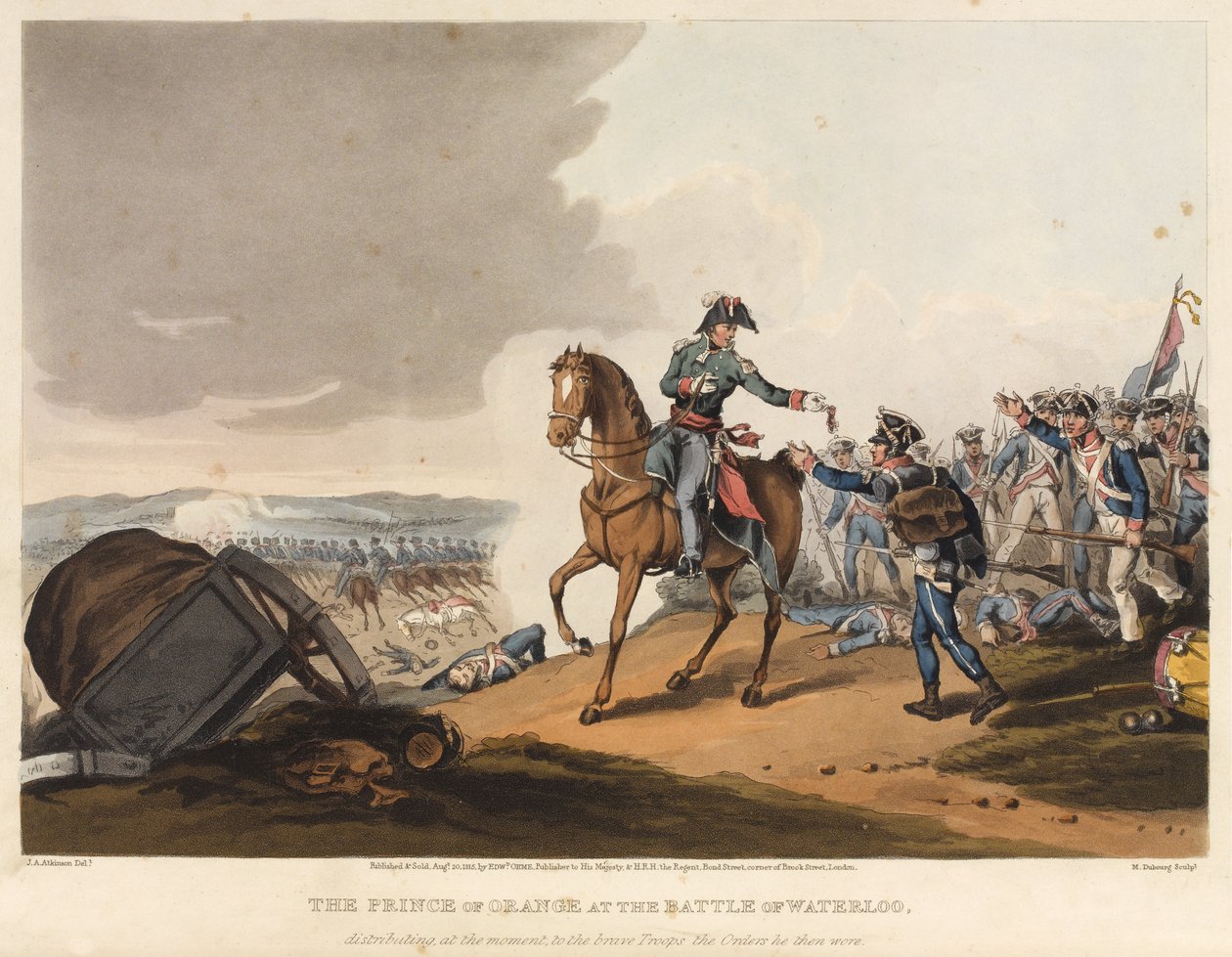 Prinsen af Orange i slaget ved Waterloo, uddeler i øjeblikket, til de tapre tropper, de ordrer, han derefter bar, indgraveret af M. Dubourg, 1819 (farvet akvatint) af John Augustus Atkinson