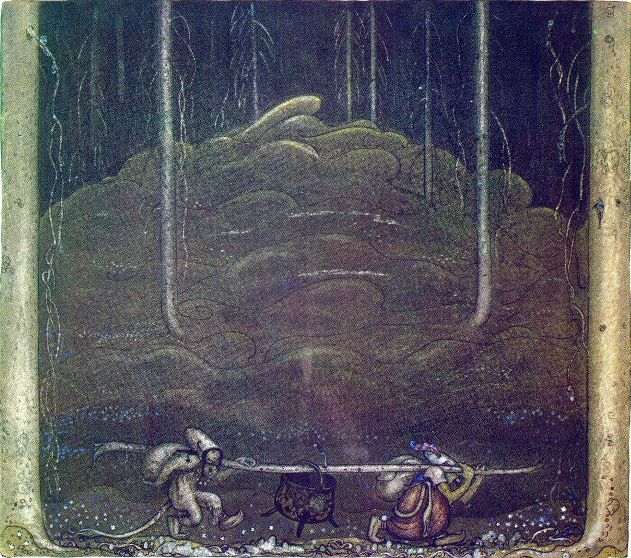 Da aftenen kom, sneg troldmor og drengen sig ud af bjerget. De bar troldkedlen mellem sig på en pind af John Bauer