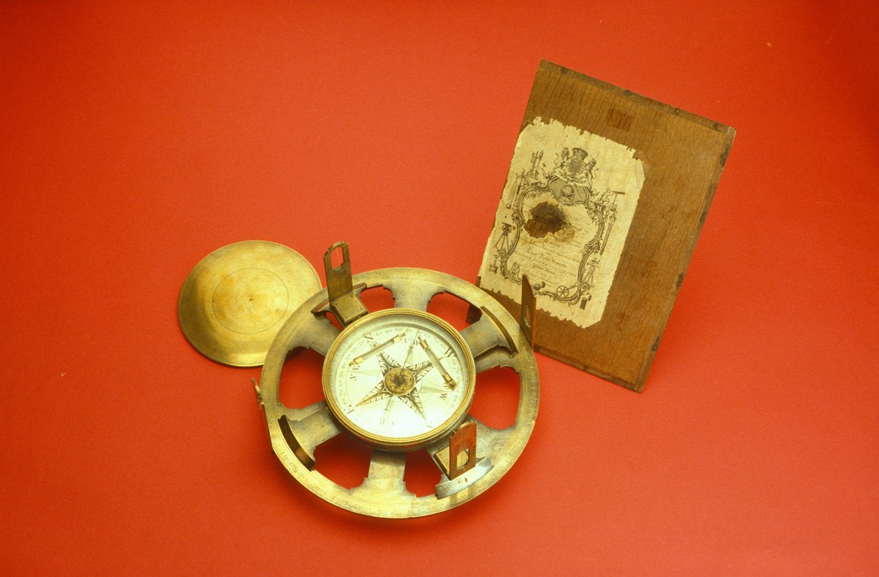 Almindelig teodolit med handelskort på indersiden af kasselåget, ca. 1780 (messing) af John Bennett
