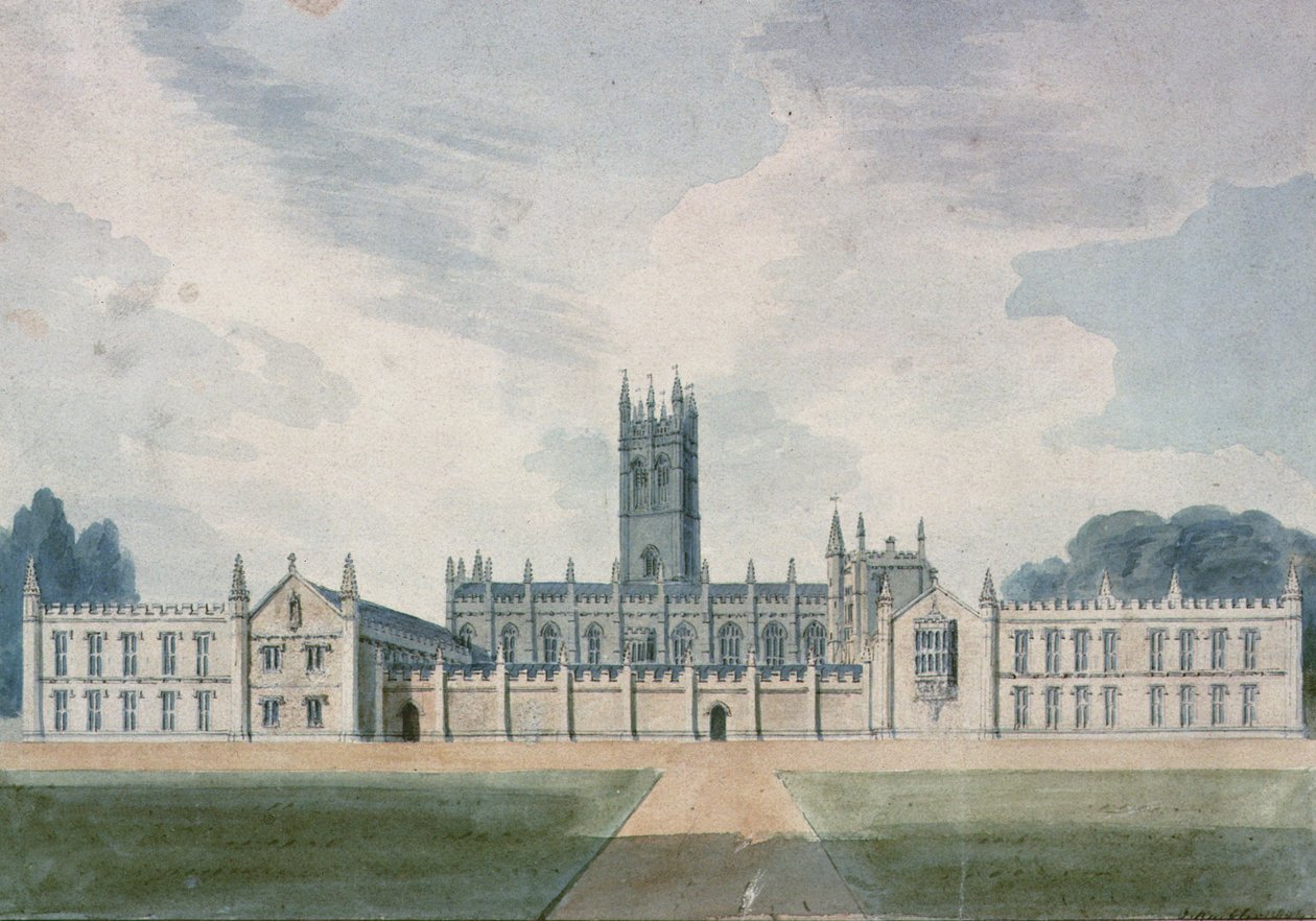Magdalen College, Oxford, 1804 (akvarel) af John Chessell Buckler