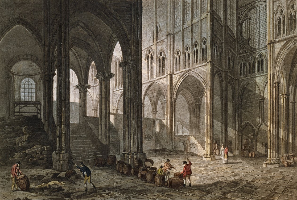 Købmand, der sælger vin inde i basilikaen Saint-Denis, 1809 (farvegravering) af John Claude Nattes