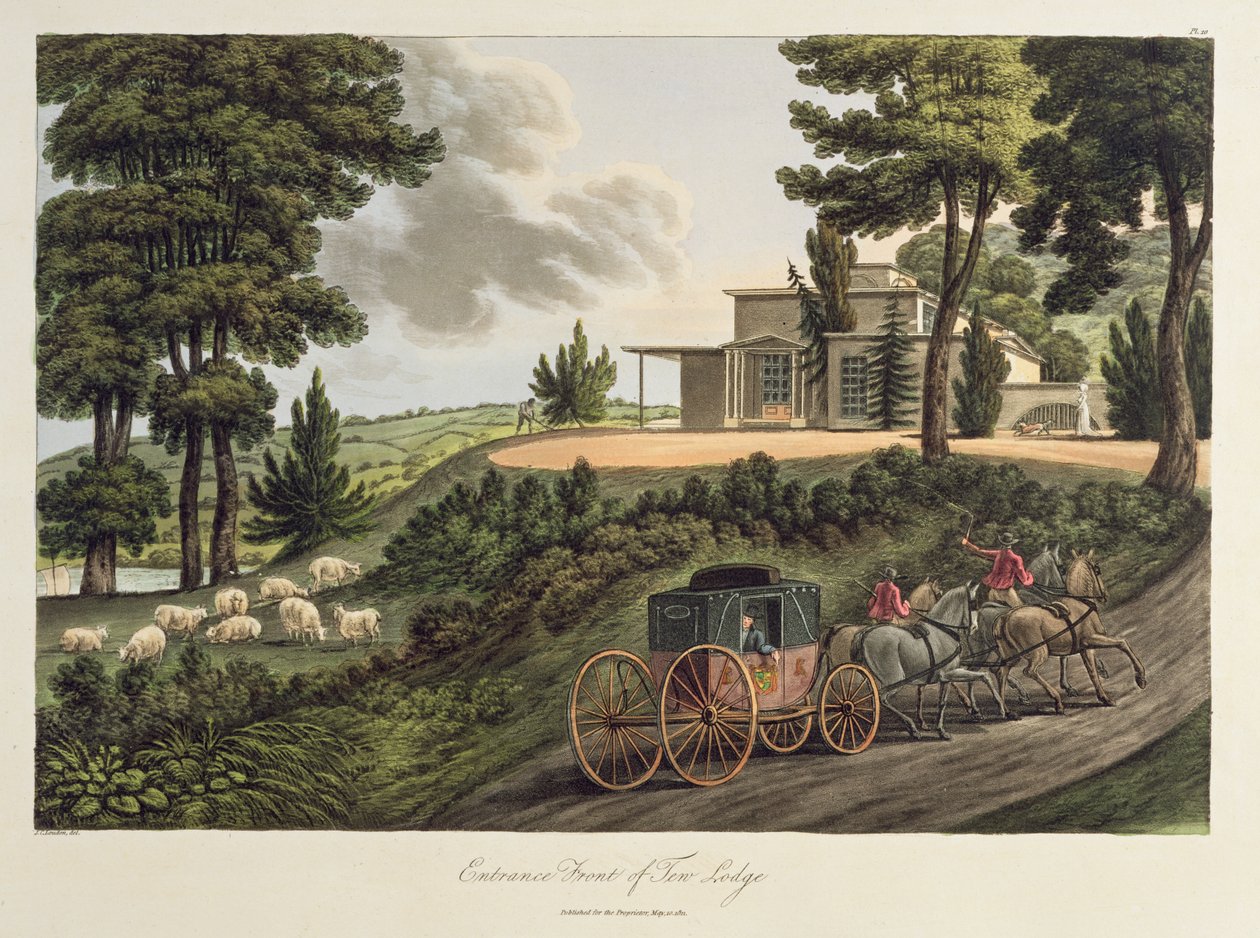 Entrance Front til Tew Lodge, illustration fra Observations on Laying Farms in the Scotch Style, udgivet i 1811 (akvatint) af John Claudius Loudon