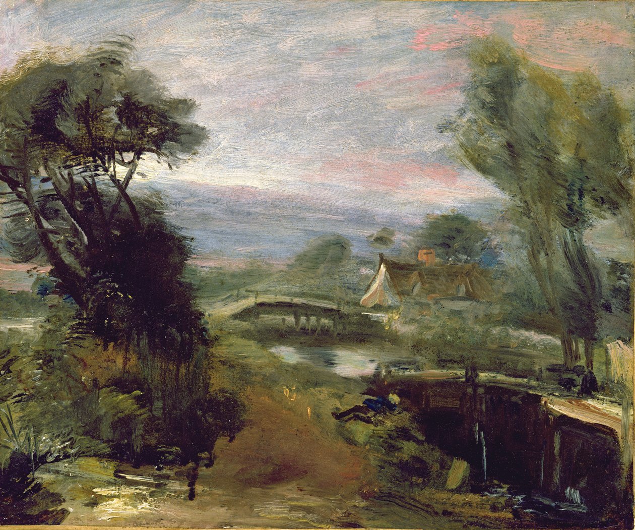 A View near Flatford Mill (olie på papir lagt ned på lærred) af John Constable