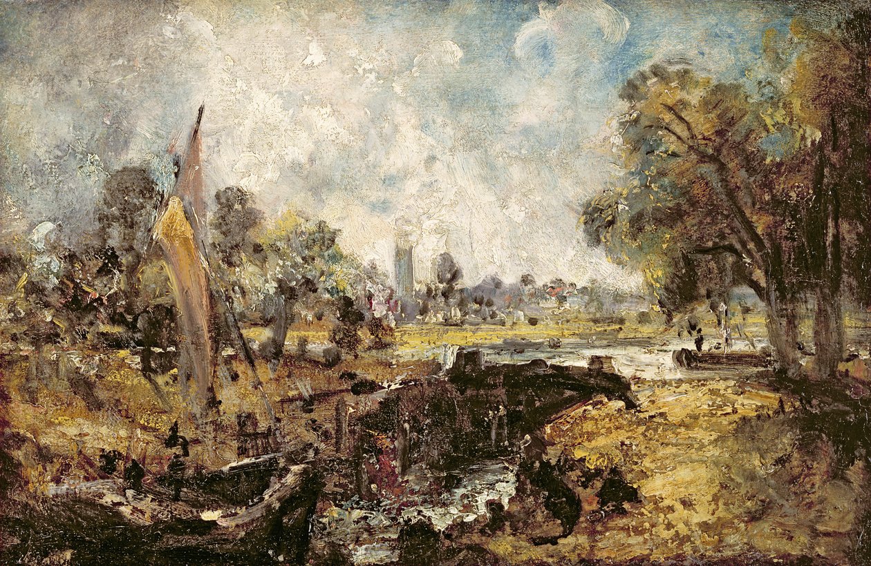 Dedham Lock, ca. 1820 (olie på lærred fastgjort på panel) af John Constable