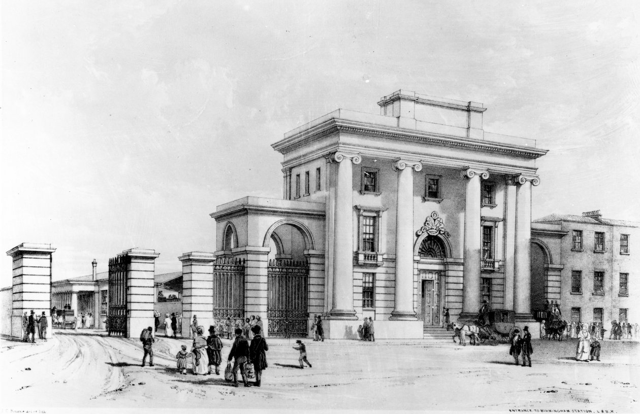 Indgang til Birmingham Station, 1838 (pen, blæk og vask på papir) af John Cooke Bourne