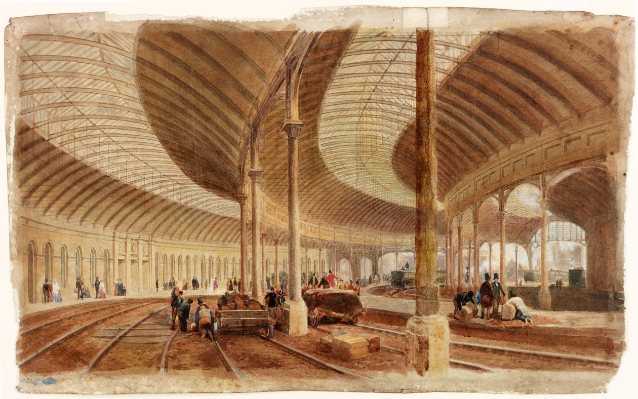 Interiør af Central Station, Newcastle upon Tyne (bc, blyant og wc på papir) af John Dobson