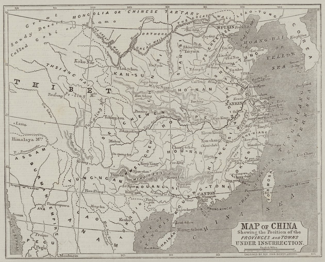 Kort over Kina med angivelse af provinsernes og byernes placering under oprør af John Dower