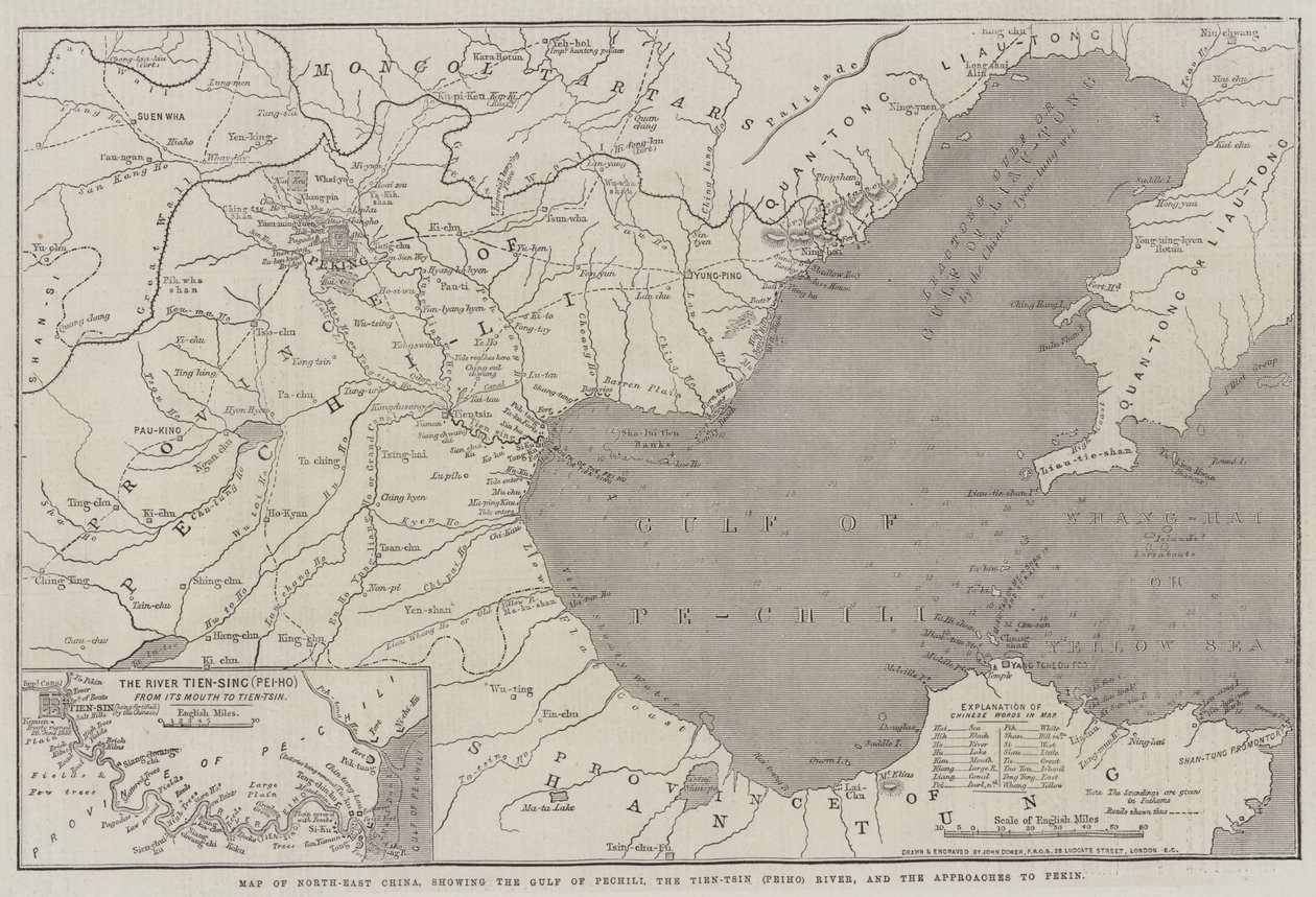 Kort over det nordøstlige Kina, der viser Pechili-bugten, Tien-Tsin (Peiho)-floden og tilgangene til Pekin af John Dower